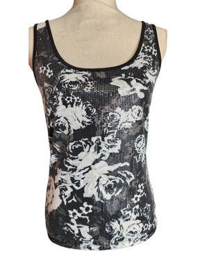 Bongo Y2K Black White Sequin Floral Mesh Tank Top M Scoop Neck Party Club Glam